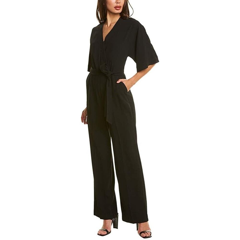 Trina Turk Black High Valley Jumpsuit Tie-Waist Pockets Short Sleeves, Size 4